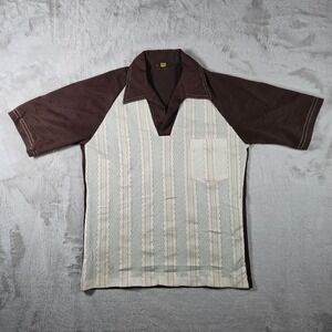 John Blair Polo Shirt Mens Medium Brown Cream 70s Vintage Stripe Knit V-Neck